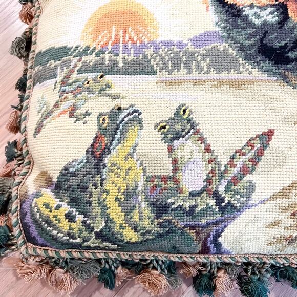 LARGE 22x18 Vintage French Country Rooster Frog Needlepoint Pillow Tassel Fringe - Picture 3 of 10